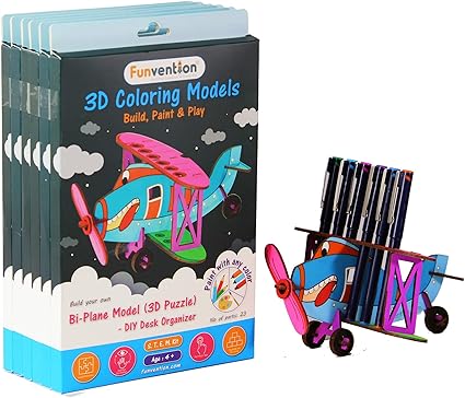 Funvention Bi-Plane - 3D Coloring Model (Pack of 6) - DIY Desk Organizer Pen Stand - STEM Leanring 3D Puzzle Toy - Art, Coloring and Painting Kit for Kids - Birthday Return Gift, Party Pack for Kids