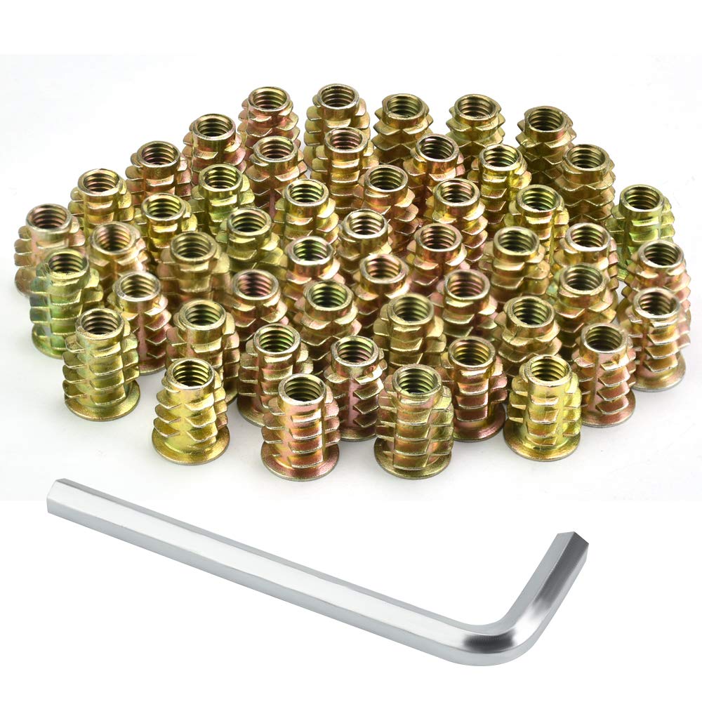 PERFETSELL 50 PCS Hex Socket Threaded Insert Nuts for Wood Furniture, M6x15mm Zinc Alloy Interface Flat Head Screw-in Fastener Rivet Inserts