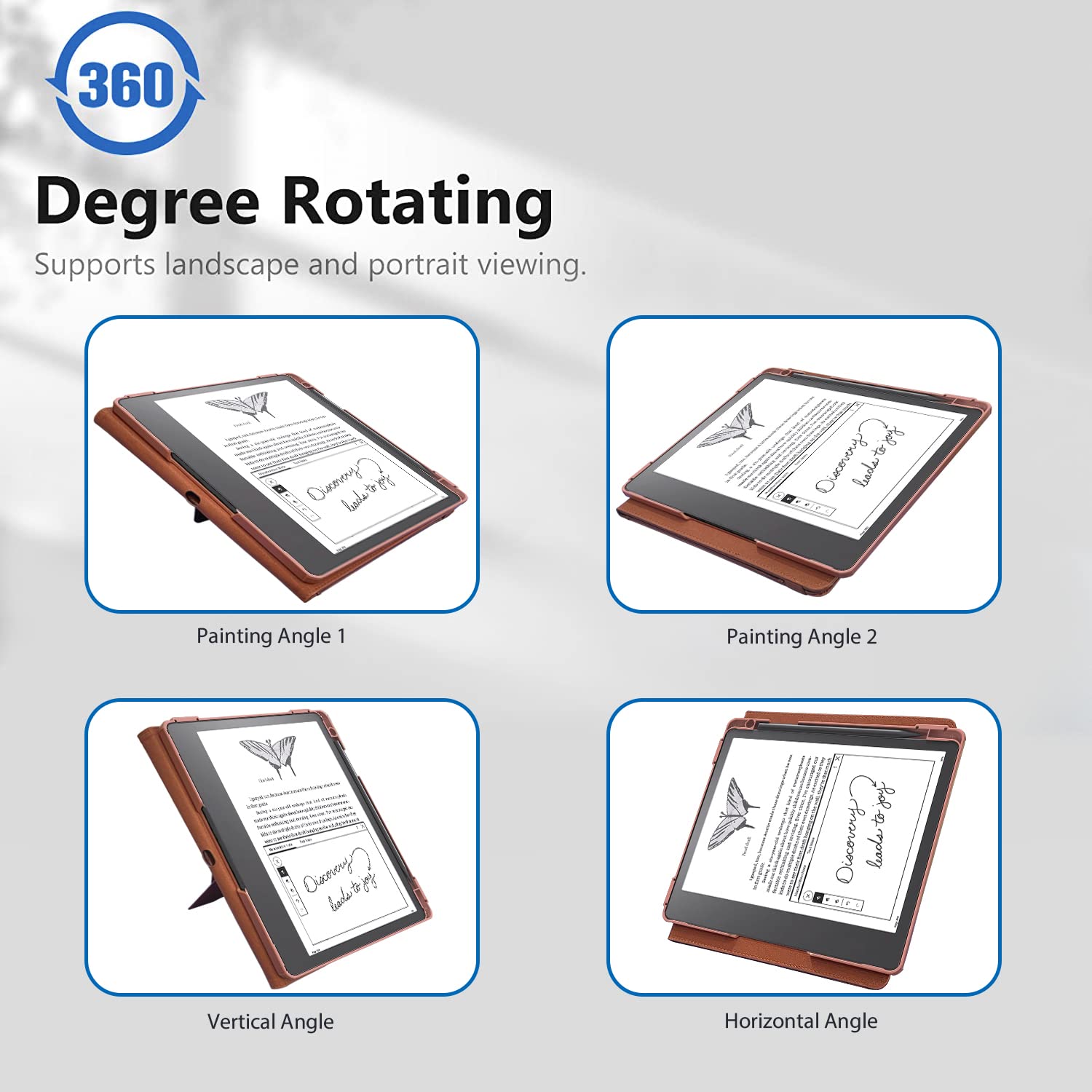 E NET-CASE Case for Kindle Scribe 10.2 inch 2024 & 2022 Released, Multi-Viewing 360 Degree Rotating Cover with Stand, Auto Sleep/Wake with Pen Holder, (Brown)