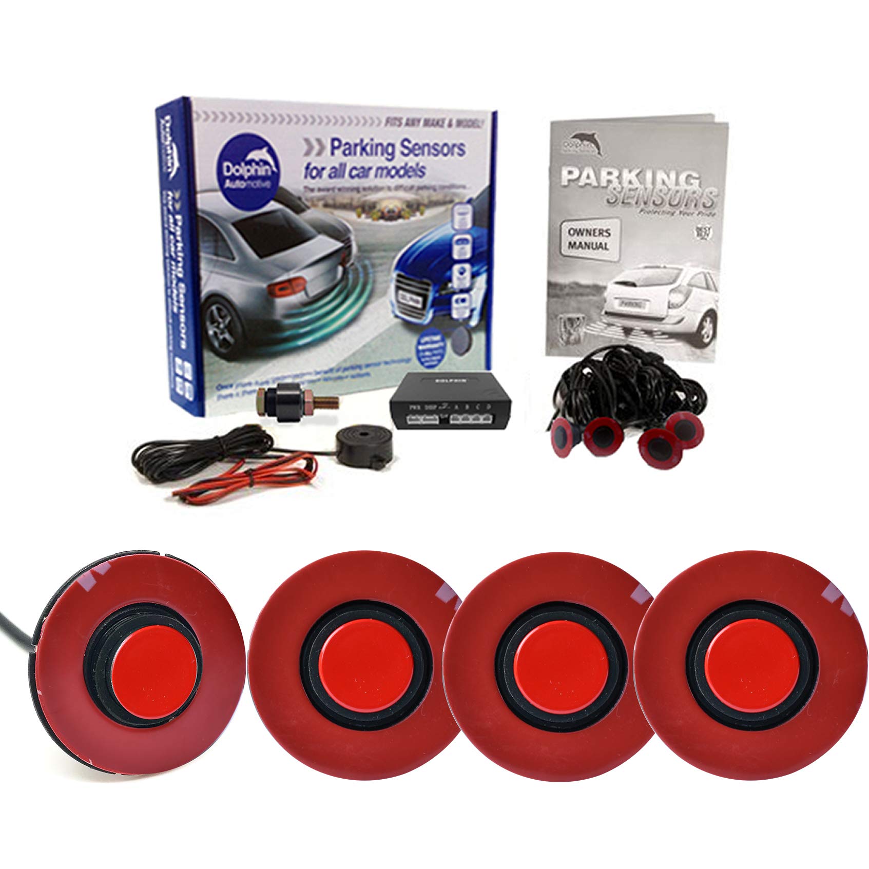 Dolphin Automotive DFM400 Reverse Parking Sensors Flush Mount OEM Style 4 Ultrasonic Radar Sensor Kit Audio Alert System - Red