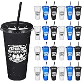 Skylety 24 Pcs Thank You Veterans Plastic Cups 24 oz Patriotic Memorial Day Party Gift Supplies Tumbler Plastic Coffee Cups with Straws and Lids for 4th of July Independence Day Party Supplies