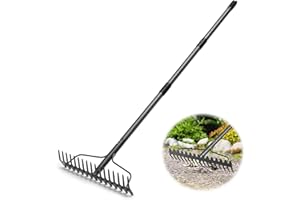 COCONUT Garden Rake, 5FT Bow Rake Heavy Duty Leveling Rake with Adjustable Handle, 17 Tines Wide Head Metal Thatch Rake for Gardening Leaves Lawn Yard Mulch Rake