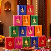 Sabary 15 Pcs Diwali Gift Bag Navratri Indian Pooja Return Gift Bag, Ganesh | 9 x 7'' Diwali Gift Paper Bags Bulk, 5 Colors, for Navratri, Diwali, Housewarming Party Favor Supplies, for Treat Snack Candy