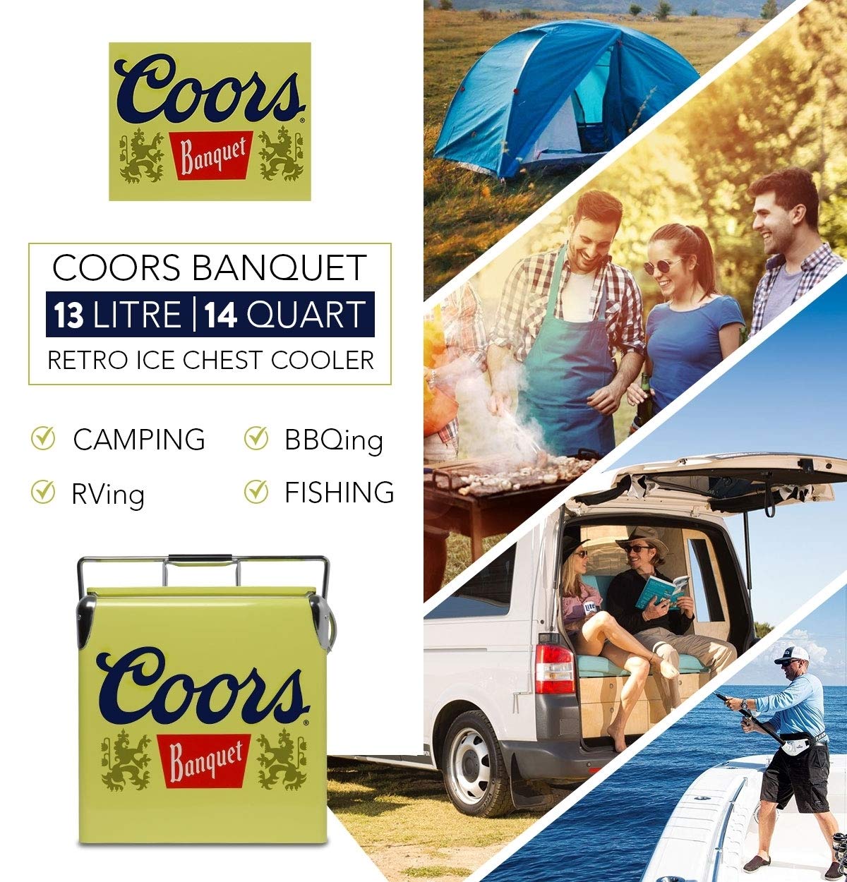 Koolatron Coors Banquet Retro Ice Chest Cooler with Bottle Opener 13L (14 qt), 18 Can Capacity, Yellow and Silver, Vintage Style Ice Bucket for Camping, Beach, Picnic, RV, BBQs, Tailgating, Fishing