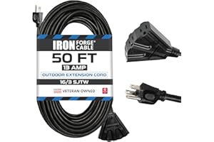 Iron Forge Cable 50 Ft Black Extension Cord with 3 Outlet, 16/3 Weatherproof 50’ Outdoor Extension Cord Multiple Outlets, 50 Foot 3 Prong Cable, Great for Outdoor Lights, Landscaping & Lawn