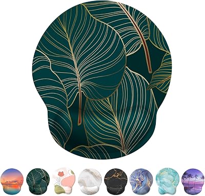 Giecy Mouse Mat Wrist Support Ergonomic Gel Pad Green Palm Leaf