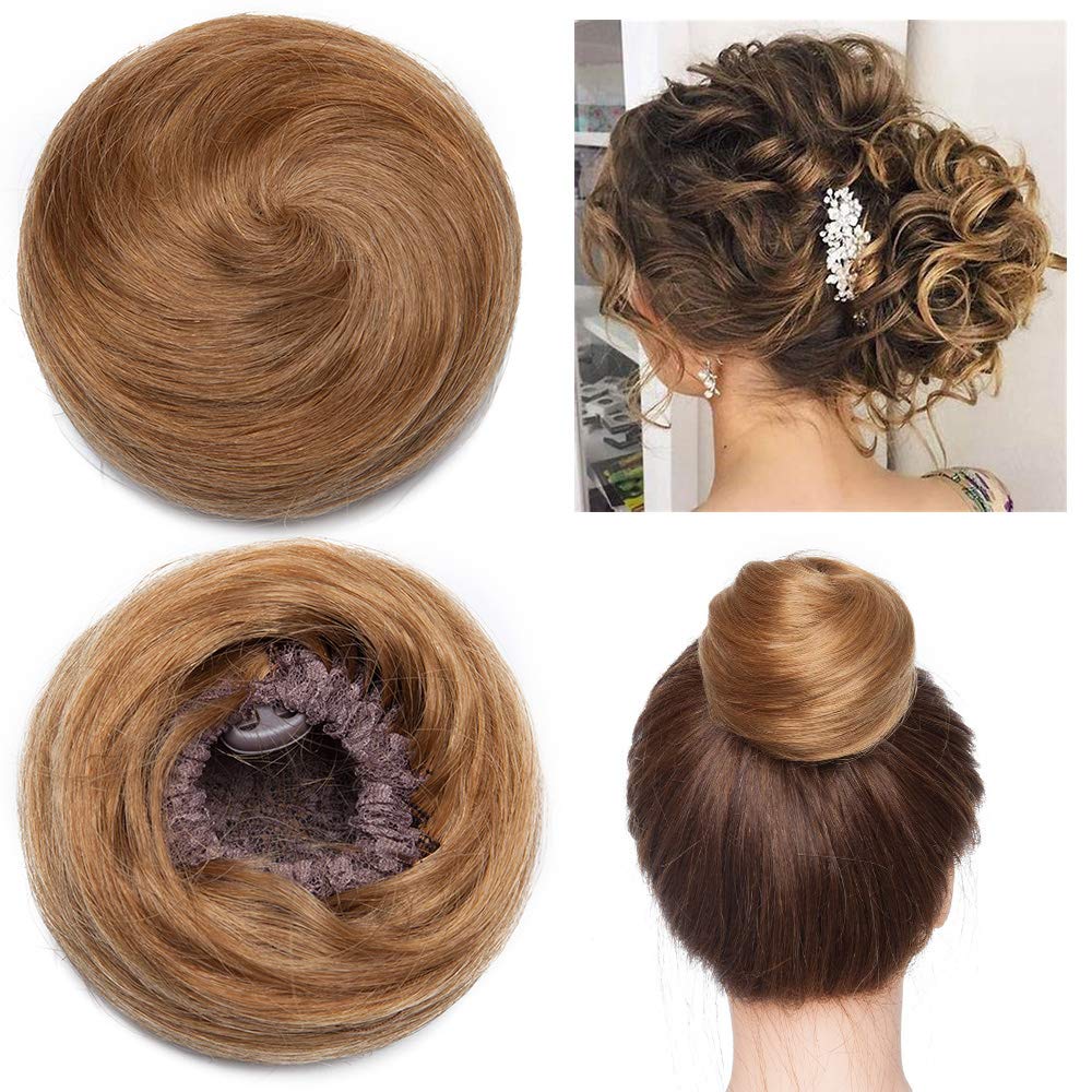 Updo Hair Extensions Human Hair Scrunchie Hair Bun Extension Donut Chignons Hair PeiceRibbon Straight Messy HairPiece Bun 06 Light Brown โ image 1