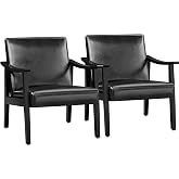 Yaheetech Accent Chairs Set of 2, Mid-Century Faux Leather Armchairs, Black | Cushioned Club Chairs with Supportive Sloped Backrests and Sturdy Wood Arms Fit Small Living Rooms, Offices, Reading Nook