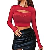 Avidlove Women Mesh Crop Top Long Sleeve Tee Shirt Sheer Blouse Cutout Clubwear