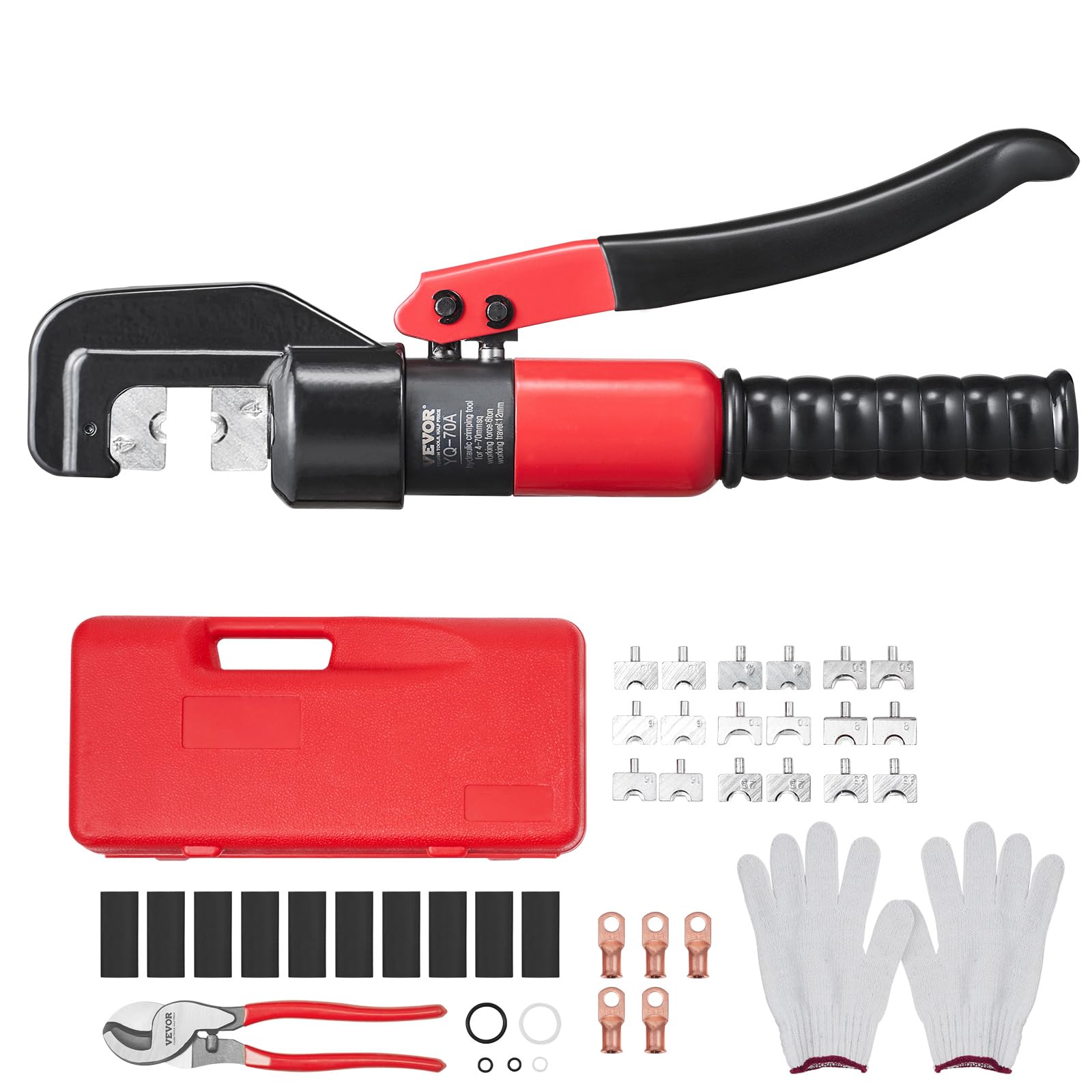 Photo 1 of VEVOR Crimping Tool, AWG12-2/0 Copper And Aluminum Terminal Battery Lug Hydraulic Crimper, with a Cutting Pliers, Gloves, 5pcs Copper Ring Connectors, 8 x Heat Shrink Sleeves and a Blow Moulded Case