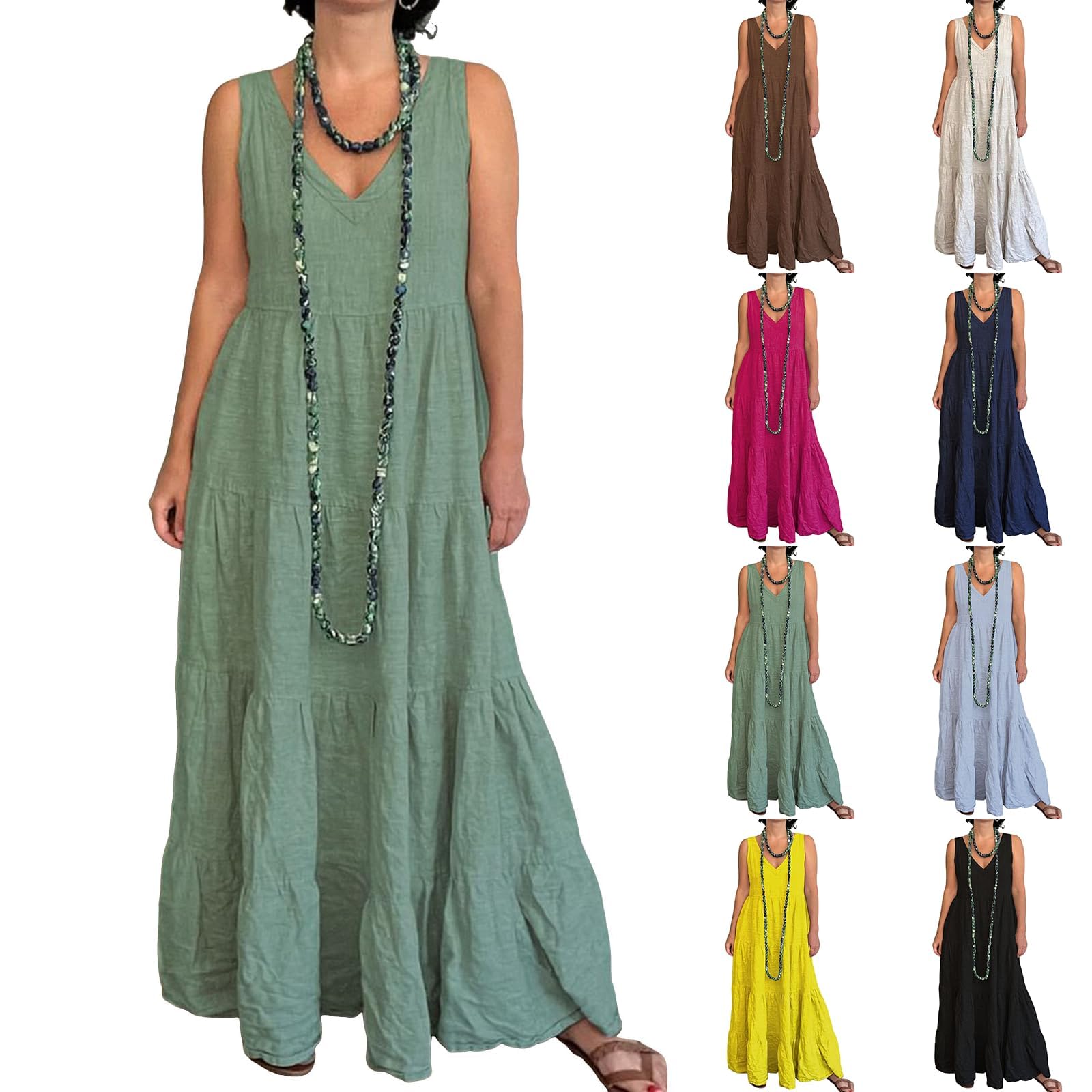Linen Dress Women Sleeveless V Neck Tiered Maxi Dress Boho Sundress Midi Beach Vacation Clothes for Women Mexican Dress Vestido de Playa Mujer