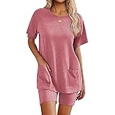 Ekouaer Two Piece Sets for Women Summer Outfits 2026 Lounge Set Crew Neck Tshirts Biker Short Sweatsuit with Pocket