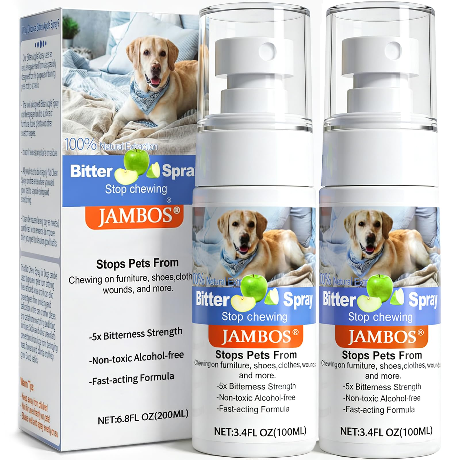 Photo 1 of JAMBOS Effectively | 2 Bottles Bitter Apple Spray for Dogs to Stop Chewing, NO Chew Spray for Dogs Protect The Safety of Furniture and Your Belongings, Prevent Licking Injuries (Blue, M)