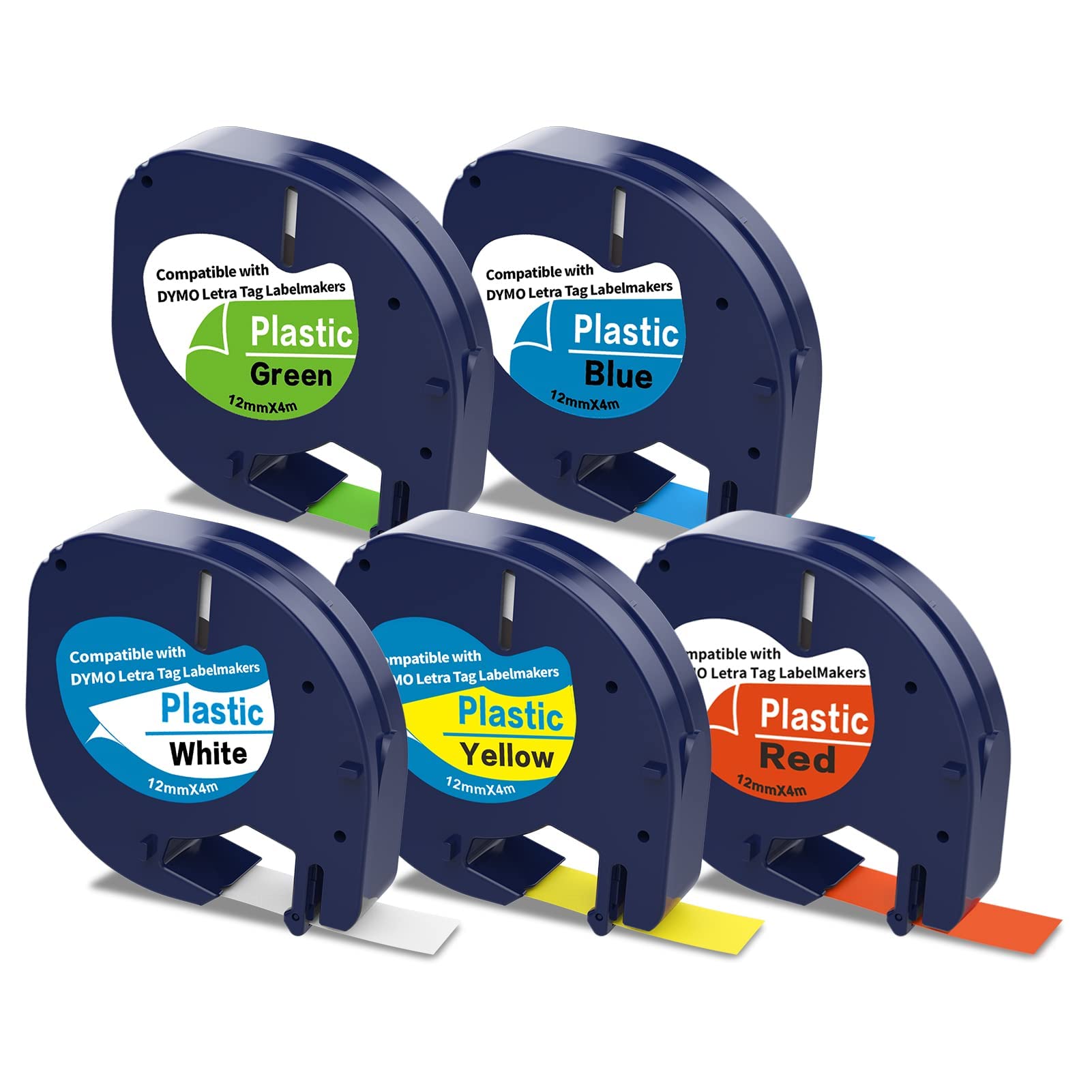 Multi-Colour Label Tape Set Compatible with DYMO Letratag Tape 91201 91202 91203 91204 91205, 12mm x 4m Plastic Labels Work for Dymo Letratag Label Makers LT- 100h LT-110T QX50 XR XM 2000 Plus, 5-pack
