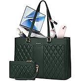 RAINSMORE Laptop Bag for Women 15.6 Inch Work Tote Bags Leather Laptop Tote Professional Laptop Purse Computer Handbag Womens Briefcase Tote with Clutch for Teacher Office Travel, Dark Green