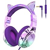 QearFun Kids Cat Ear Headphones Wired with Mic, 85/94dB Safe Volume Limit, Sparkly Wired Headset, Foldable, Sharing Port & Tangle-Free Cord for School, Chromebook, Tablet, Travel, Boys & Girls