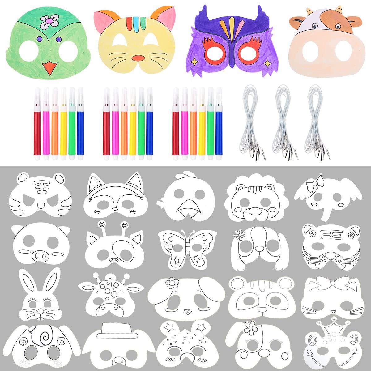 Fantasyon 66pcs Animal Masks Set for Kids DIY Colour-in Mask White Card DIY Graffiti Masks Hand Painting Art Craft for Halloween Decorations Birthday Party Safari Jungle Forest Theme Dress-Up