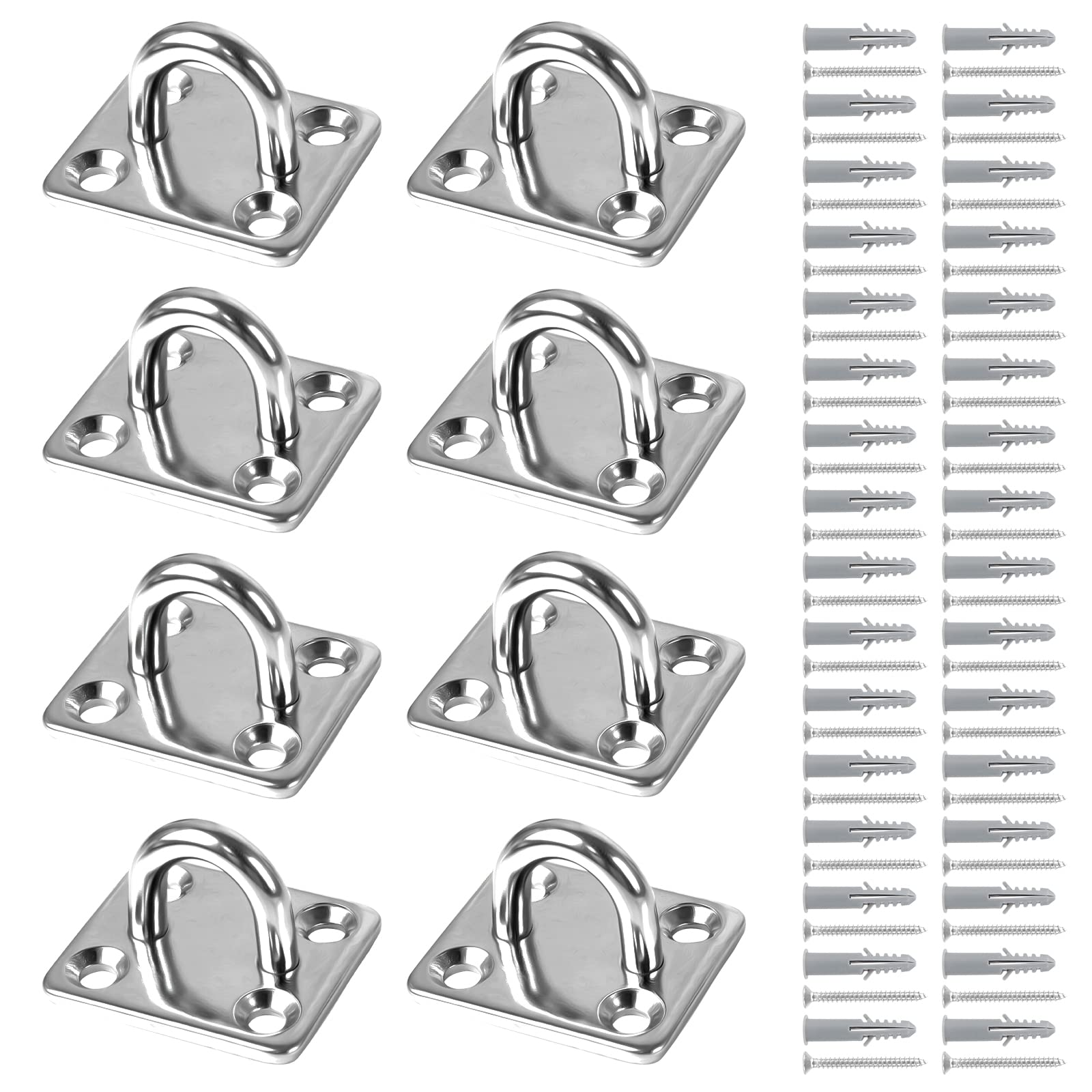 Bubuyun 8 PCS 304 Stainless Steel Oblong Pad Eye Plate, Marine Staple Hook M6 Loop Eye Plate Hook Marine Hardware with 32 Screws and Plugs for Swing Hammock Boat Splint