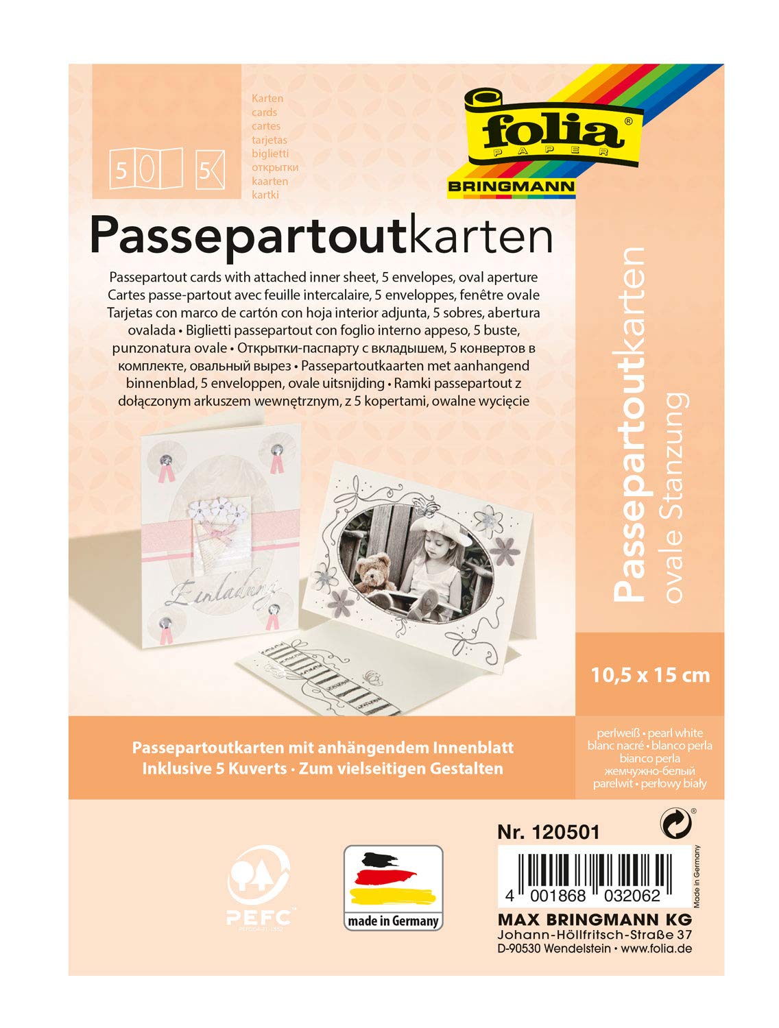 folia 120501 – Passepartouts with Oval Punch, Approx. 10.5 x 15 cm, 5 Cards (220 g/m²) and Envelopes, Pearl White, Ideal for Invitations, Congratulations or Greeting Cards