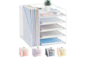 LEKETREE Desk Organizers and Accessories, 5-Tier Paper Letter Tray Organizer with File Holder, Desktop Organizer for Office Supplies, Office Desk Accessories & Workspace (White, 5-Tier)