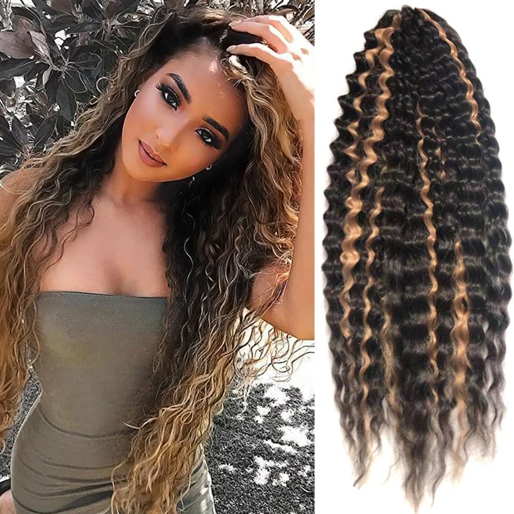 YEESHEDO Curl Hair Water Wave Twist Crochet Hair Synthetic Braid Hair Ombre Blonde Pink 22 Inch Deep Wave Braiding Hair Extension (Black-brown with blonde) โ image 1