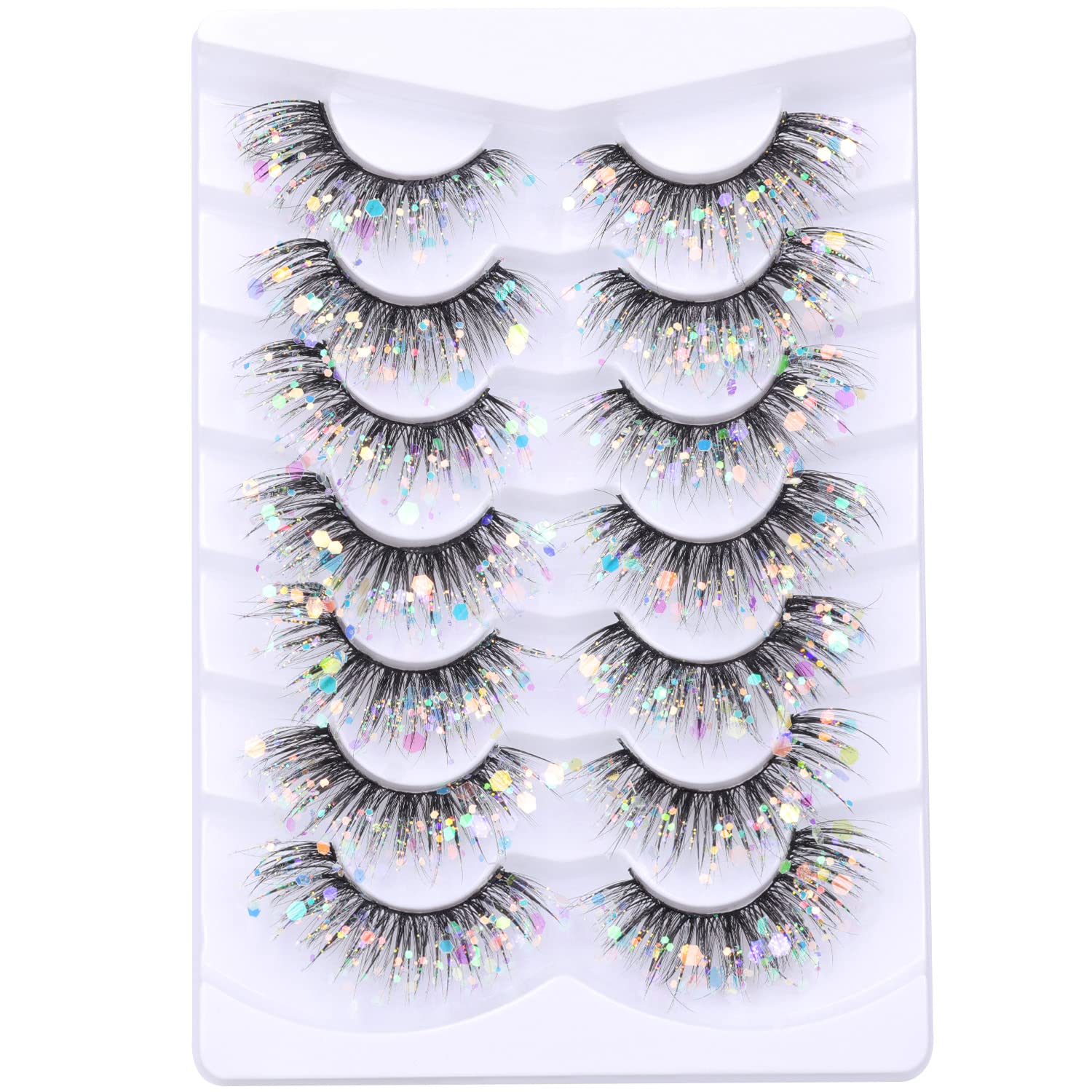 Photo 1 of Glitter Lashes Dramatic False Eyelashes with Shinny Glitter Decorative Colored Lashes Glow in the Dark Faux Mink Eyelahses Cat Eye Strip Lashes Pack 7 Pairs