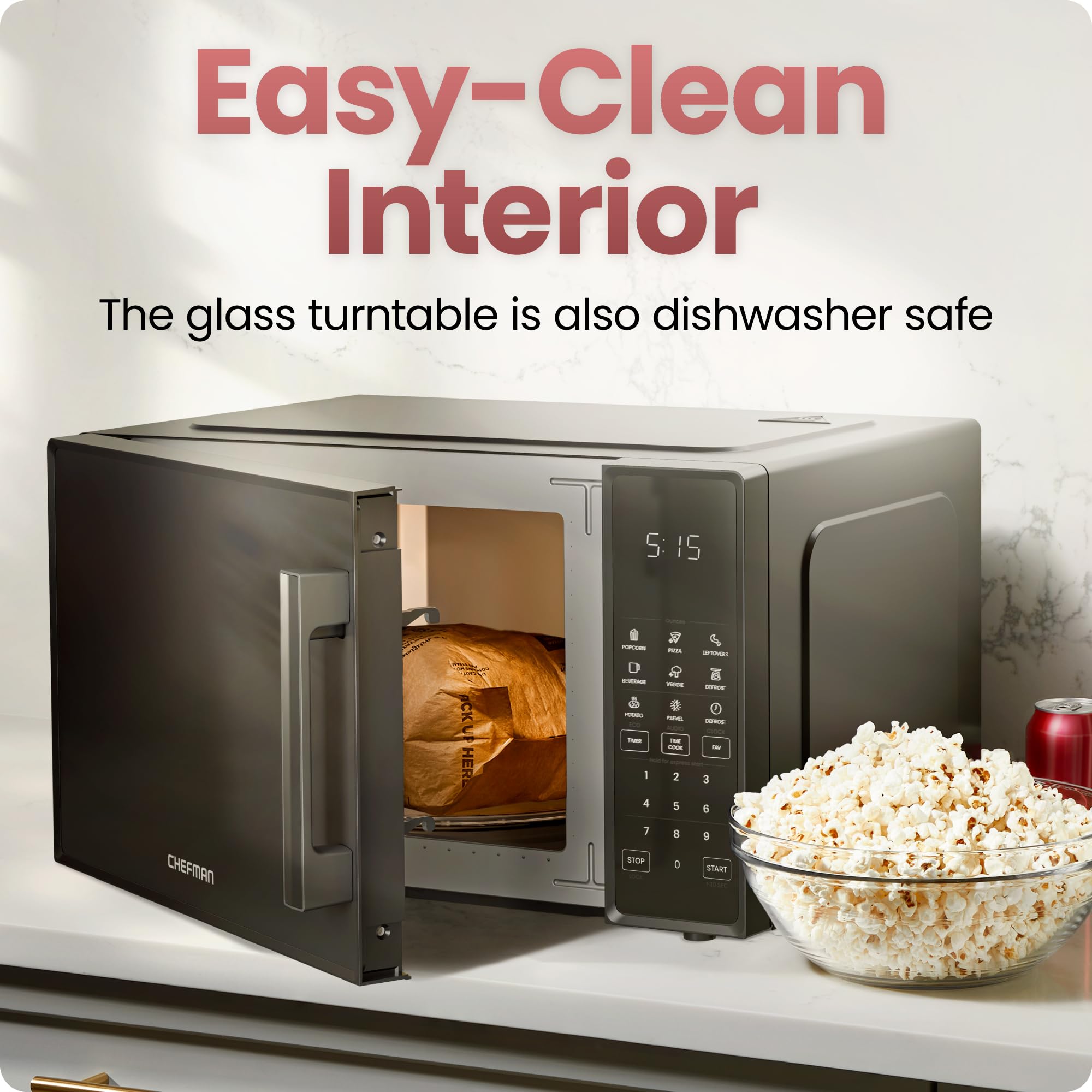 Chefman Countertop Microwave Oven 1.1 Cu. Ft., 1000 Watts with 10 Power Levels, 6 Cooking Presets with One-Touch Express Cook, Eco Mode, Child Safety Lock, & Mute Button - Black