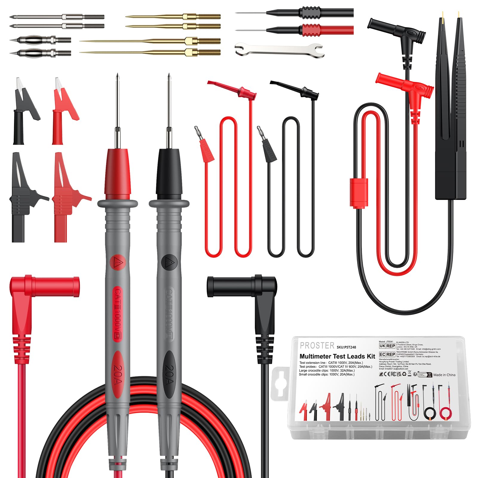 Proster Multimeter Leads - 24 in 1 Multimeter Test Leads with Replaceable Gold-Plated Test Probes Alligator Clips Test Hooks Piercing Clip SMD Test Tweezer Multi Meter Lead Set with Stroge Box — image 1