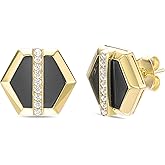 Lavari Jewelers Hexagon Shape Stud Earrings for Women with Black Onyx Malachite or Mother of Pearl and Created White Sapphire - 14k Yellow Gold Plated 925 Sterling Silver Earrings - Push Back Studs