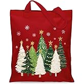 Whaline Christmas Canvas Tote Bag Xmas Tree Snowflake Grocery Shopping Bag Red Reusable Gift Goodie Bags for Winter Holiday Party Supplies, 13.4 x 15.7 Inch