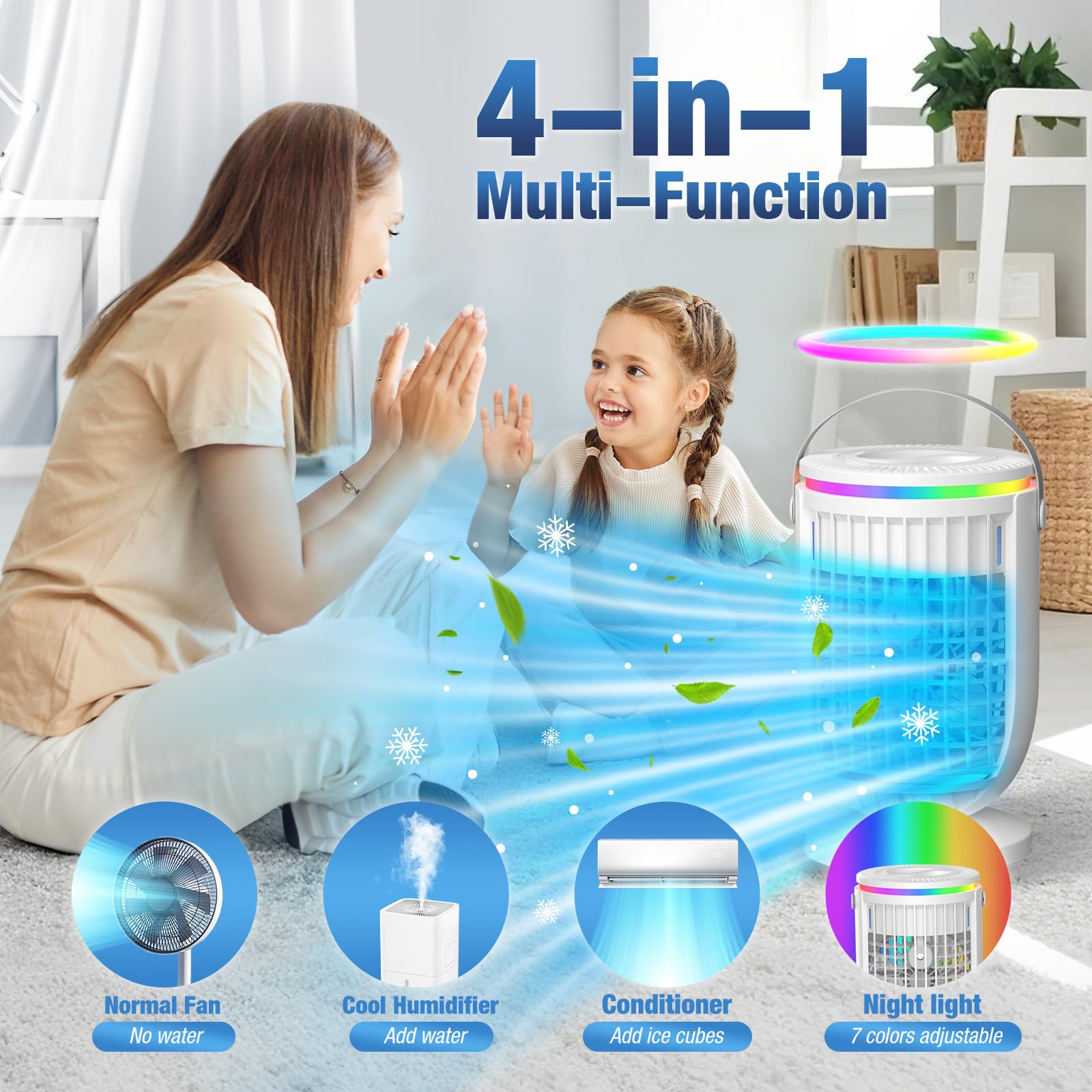 JYew AI Portable Air Conditioners Fan with 120° Rotating Function,Evaporative Mini Room Air Conditioners,Portable AC Unit Air Cooler with 4 in 1 Humidifier Fan Conditioner, AC Portable for Room Office