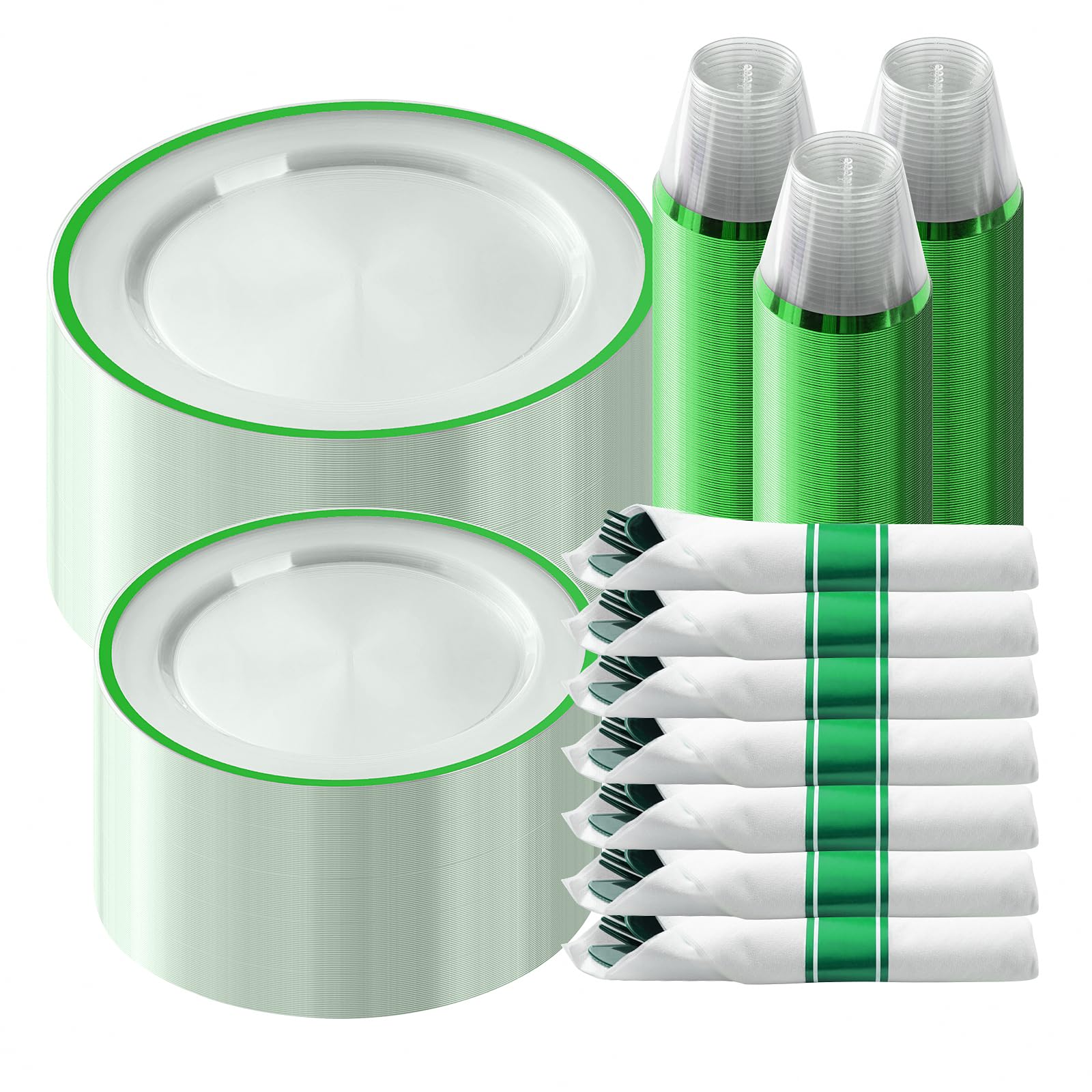 Photo 1 of Goodluck 350Pcs Green Plastic Dinnerware Set for St. Patrick's Day, Clear Disposable Plates for 50 Guests, Include 50 Dinner Plates, 50 Dessert Plates, 50 Pre Rolled Napkins with Cutlery Set, 50 Cups