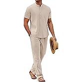 COOFANDY Mens 2 Pieces Cotton Linen Sets Short Sleeve Casual Henley Shirt Summer Beach Pants Lounge Vacation Outfits Set