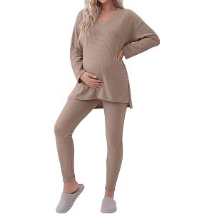 Huukeay Women's Maternity Lounge Set 2 Piece Outfits | Waffle Long Sleeve Maternity Set, Oversized, Split Side, Pregnancy Lou