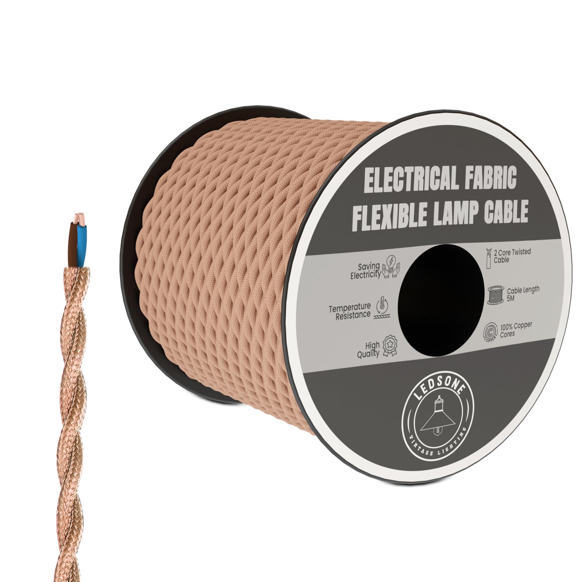 LEDSone 5 Meter Vintage 2 Core Twisted Electric Cable Fabric Covered Wire Italian Braided 0.75 mm Electrical Cable Flexible Wire for Lighting Other Appliances
