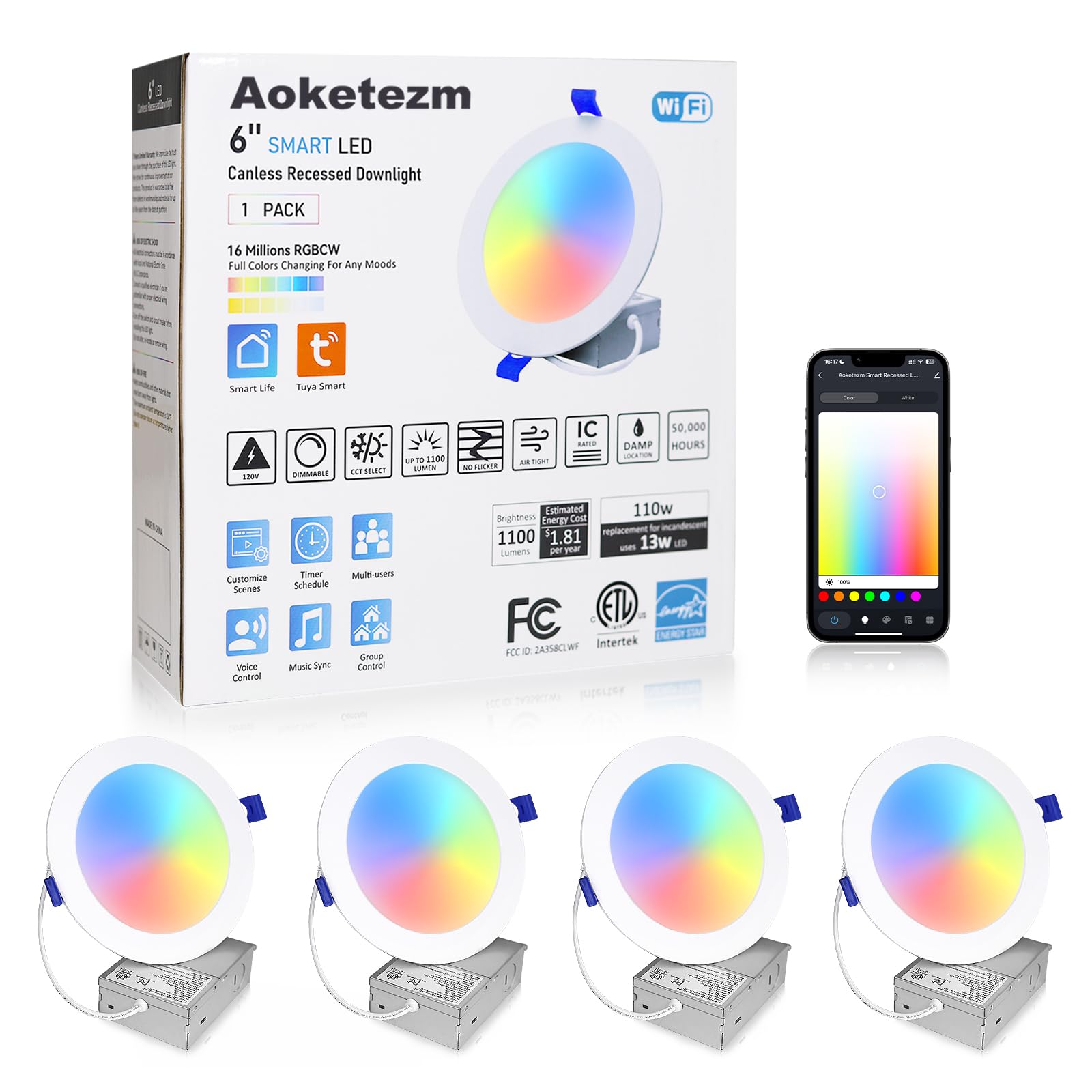 Photo 1 of Aoketezm Smart Recessed Lighting 6 inch,13W 1050LM Wi-Fi Bluetooth Soffit Light with Junction Box, RGBCW Color Changing LED Downlight, Work with Alexa/Google Assistant, IC Rated & ETL Certified,4 Pack