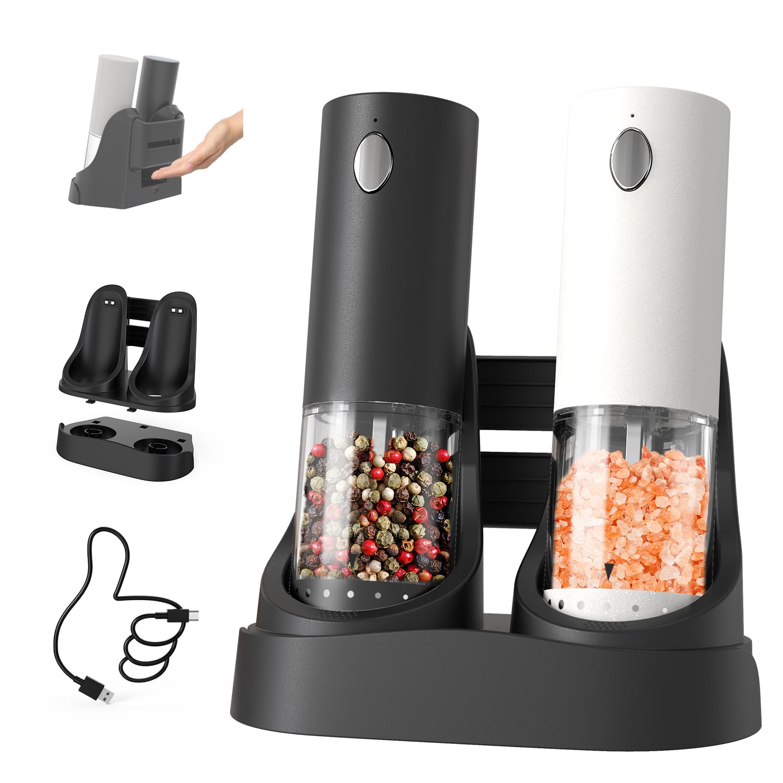 Photo 1 of CIRCLE JOY Electric Salt and Pepper Grinder Set Automatic Salt and Pepper Mills Set with Easy-to-Carry Charging Base and LED Light, USB Rechargeable, Upgrade External Adjustable Coarseness