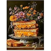 Funny Grilled Cheese Prints Moody Kitchen Wall Art Vintage Food Decor Posters Dark Whimsical Wildflowers Cottagecore Picture 12X16 inch Unframed for Kitchen Dining Room