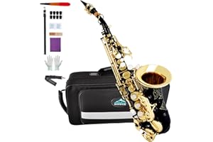 EASTROCK Soprano Saxophone Curved Bb Flat Black Sax Instruments for Beginners Intermediate Players with Carrying Case,Mouthpiece,Pads,Reed,Cleaning kit,neck Strap,White Gloves