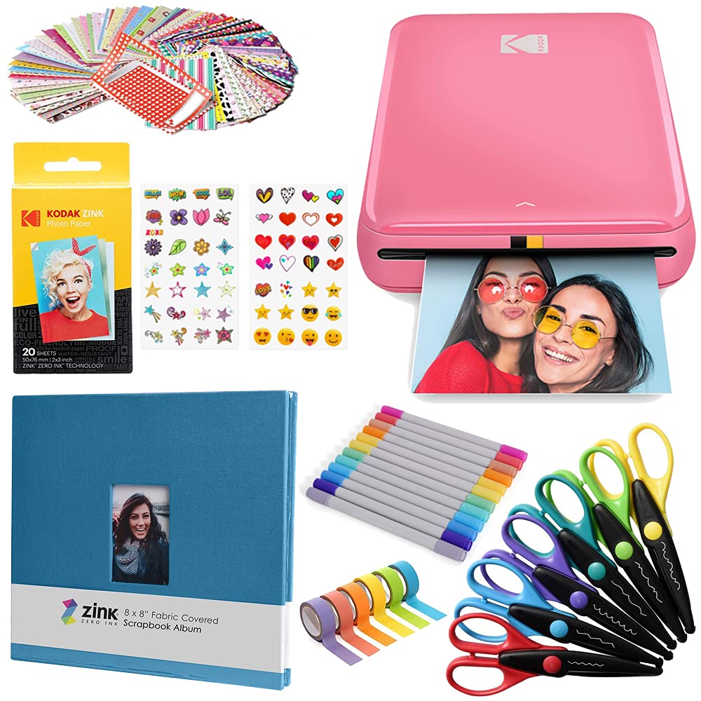 KODAK Step Instant Photo Printer With Bluetooth/NFC, ZINK Technology App for iOS & Android (Pink) Scrapbook Bundle