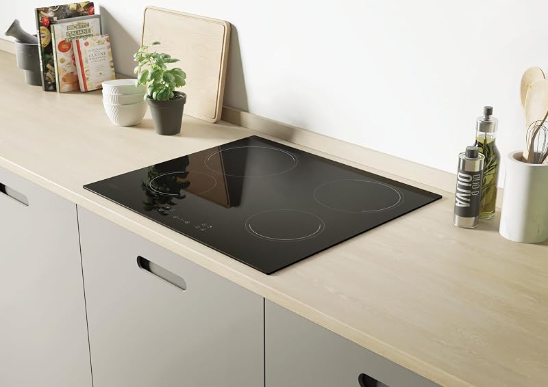- Plaque de Cuisson Vitrocéramique - 4 Zones de Cuisson, Puissance Réglable, Détection Automatique de Zone, Commandes Groupées - 6500 W - Installation à Fleur, Bords Droits - 59 x 52 x 4,5 cm