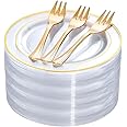 DaYammi 120Pcs Gold Dessert Plates 6.5 inch with 120Pcs Gold Plastic Forks 5.7 inch, Clear Gold Rim Cake Plato Disposable Salad Plato Fancy Appetizer Plates for Party and Wedding