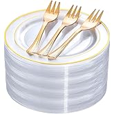 DaYammi 240Pcs Dessert Plates Include 120Pcs Gold Cake Plates 6.3inch with 120Pcs Gold Plastic Forks 5.7inch,Clear gold plates Disposable Salad Plate for Party Appetizer Plate for Wedding Birthday