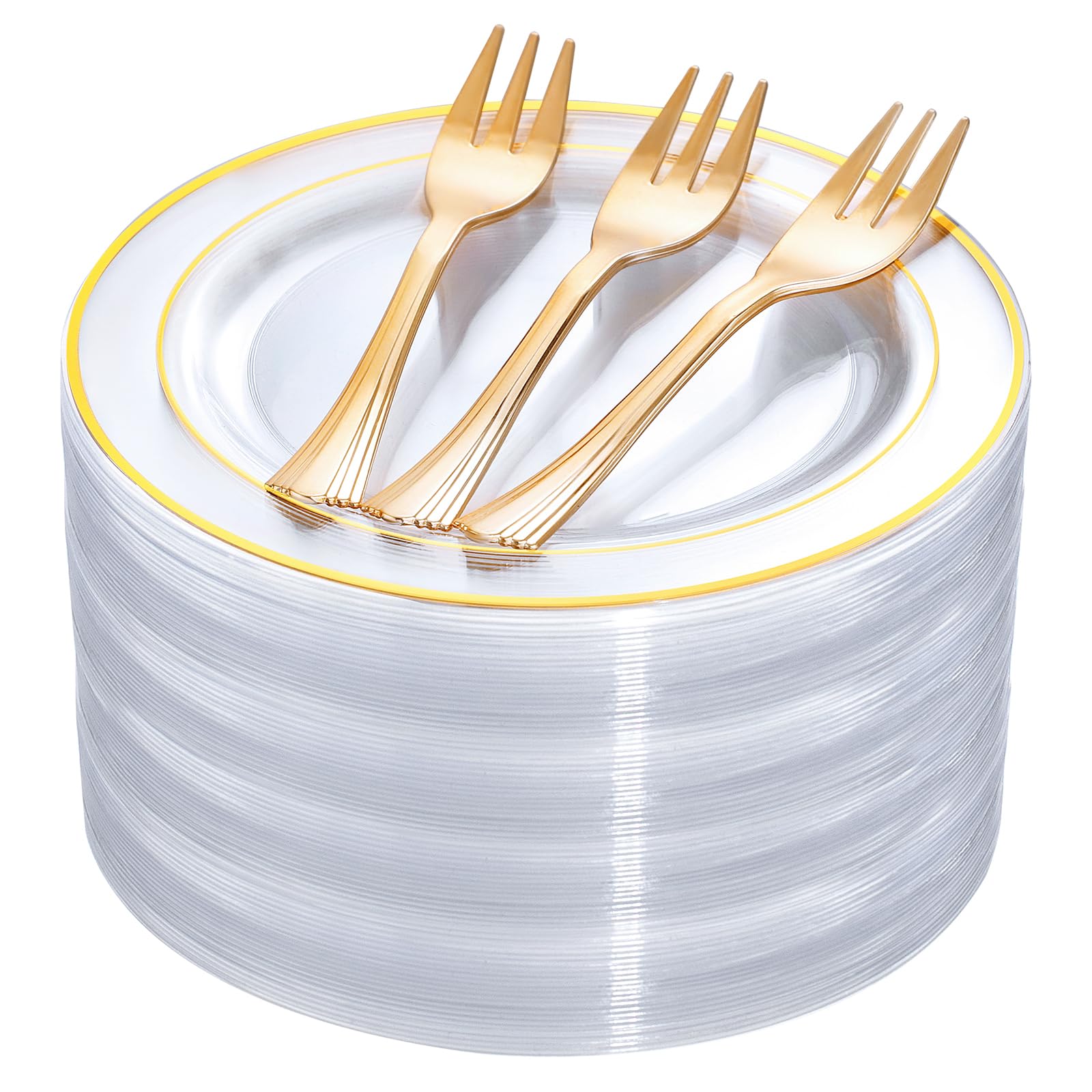 Photo 1 of DaYammi 120Pcs Gold Dessert Plates 6.5 inch with 120Pcs Gold Plastic Forks 5.7 inch, Clear Gold Rim Cake Plato Disposable Salad Plato Fancy Appetizer Plates for Party and Wedding