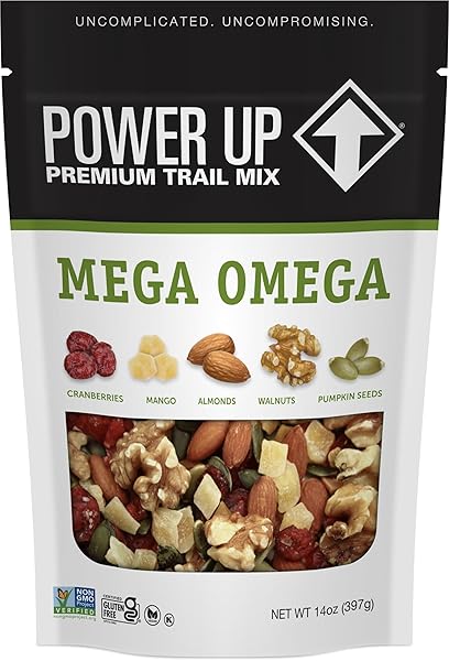 POWER UP TRAIL MIX, MEGA OMEGA TRAIL MIX, NON-GMO, VEGAN, GLUTEN FREE, NO ARTIFICIAL INGREDIENTS, GOURMET NUT, 14 OUNCE BAG