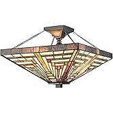 SAMTEEN Tiffany Style 3-Light Stained Glass Semi Flush Mount Vintage Tiffany Ceiling Light for Bedroom, Hallway, Foyer, Livin