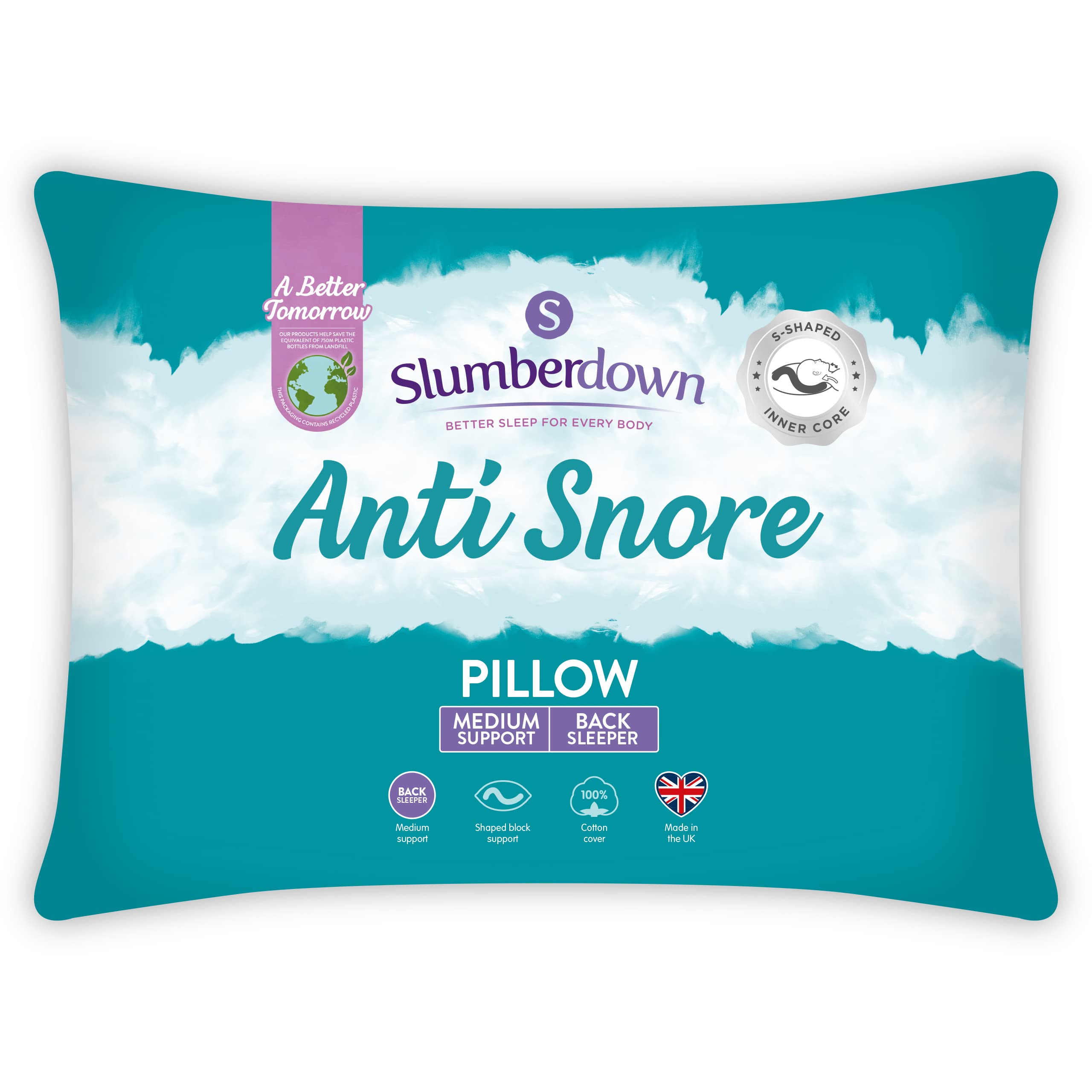 Slumberdown Anti-Snore Pillow 1 Pack - Ergonomically Designed S-Core Foam for Snoring Relief | UK-Made Pillow for Head & Neck Support, Non-Allergenic Cotton Cover, Machine Washable (48 x 74cm)