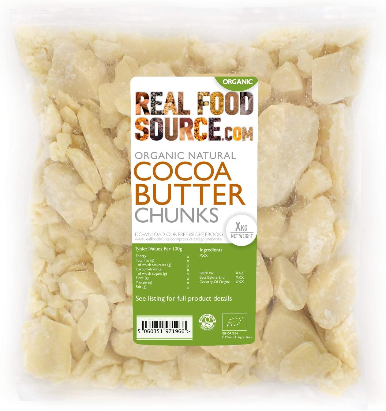 RealFoodSource Certified Organic Natural Edible Cocoa Butter Chunks
