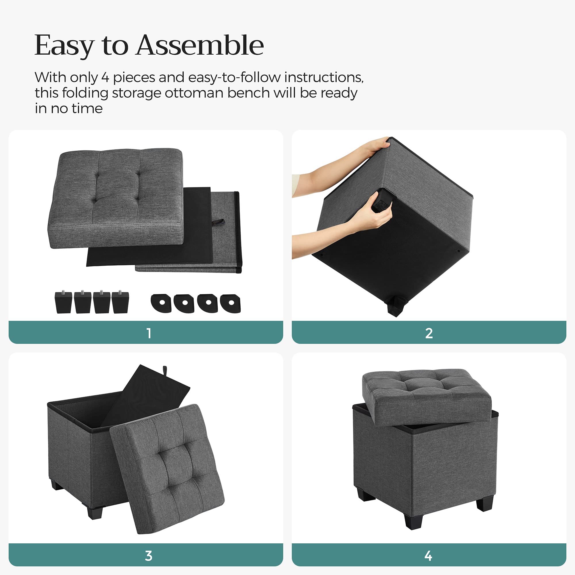 SONGMICS 15 Inches Cube Storage Ottoman, Bedroom Bench with Storage, Foot Stool with Feet, Holds Up to 660 lb, Dark Gray ULSF14GYZ - Image 6