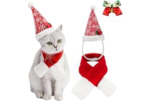 VALUCKEE Christmas Cat Costumes Santa Hats and Scarf, Adjustable Xmas Outfit Clothes with Bow Tie for Pet Small Dog, Winter Warm Snowflake Hat for Cat, Kitty Puppy Xmas Gift Present